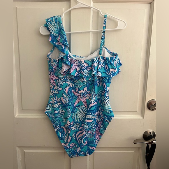 Lilly Pulitzer Tropical Blue and Pink One-Shoulder Swimsuit - Picture 2 of 4